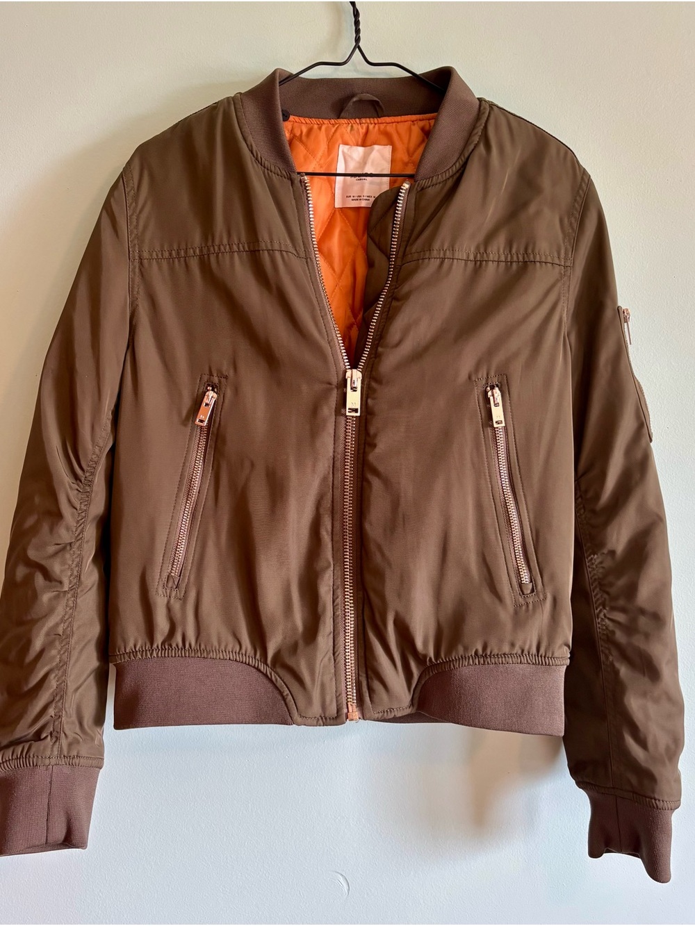 Mango Khaki Bomber Jacket | Orange Quilted Lining | US Small / EU Medium